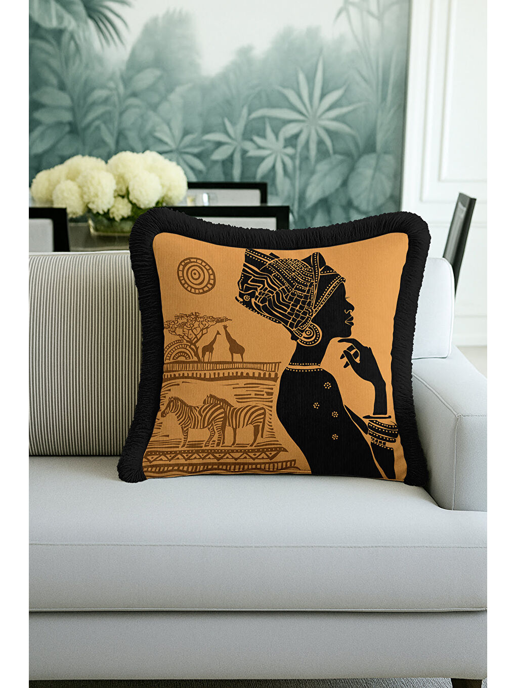 Karışık Afrikan Esintili Saçaklı Yastık Kılıfı - Etnik Safari Temalı Siyah Gold Renk Püsküllü Kırlent Kılıfı-2