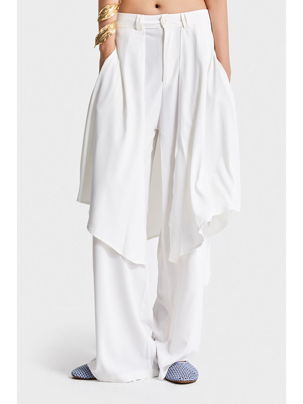 Kadın Ekru Renk Süper Bol Kesim Özel Tasarım Pantolon Etek-2