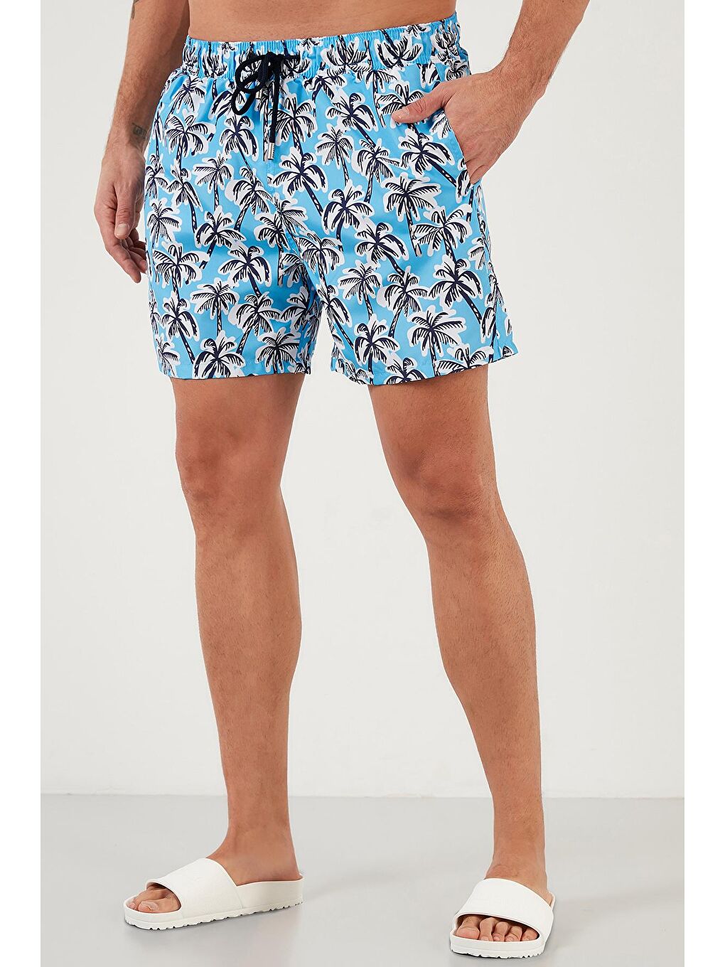 Turkuaz Desenli Deniz Şortu Belden Bağlamalı Cepli Mayo Short 3800579