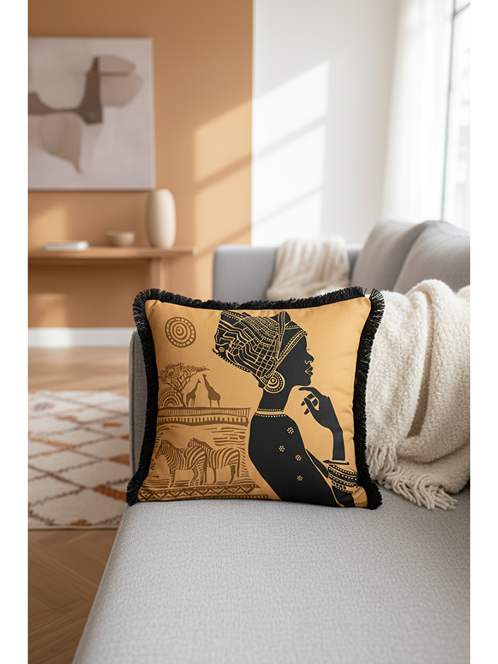 Karışık Afrikan Esintili Saçaklı Yastık Kılıfı - Etnik Safari Temalı Siyah Gold Renk Püsküllü Kırlent Kılıfı-3