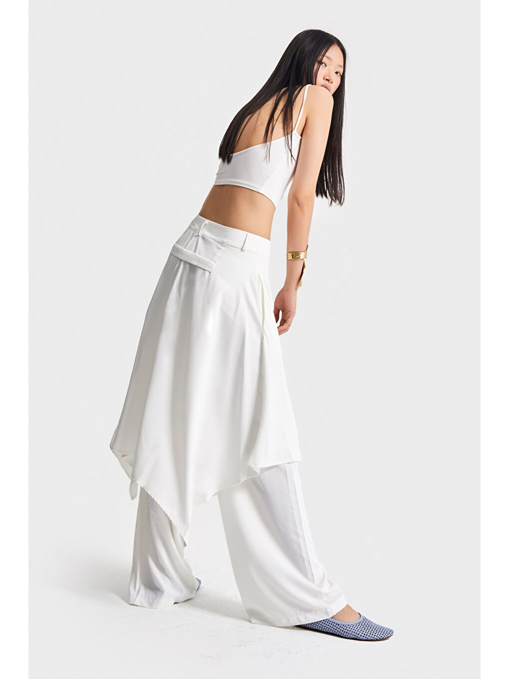 Kadın Ekru Renk Süper Bol Kesim Özel Tasarım Pantolon Etek-3