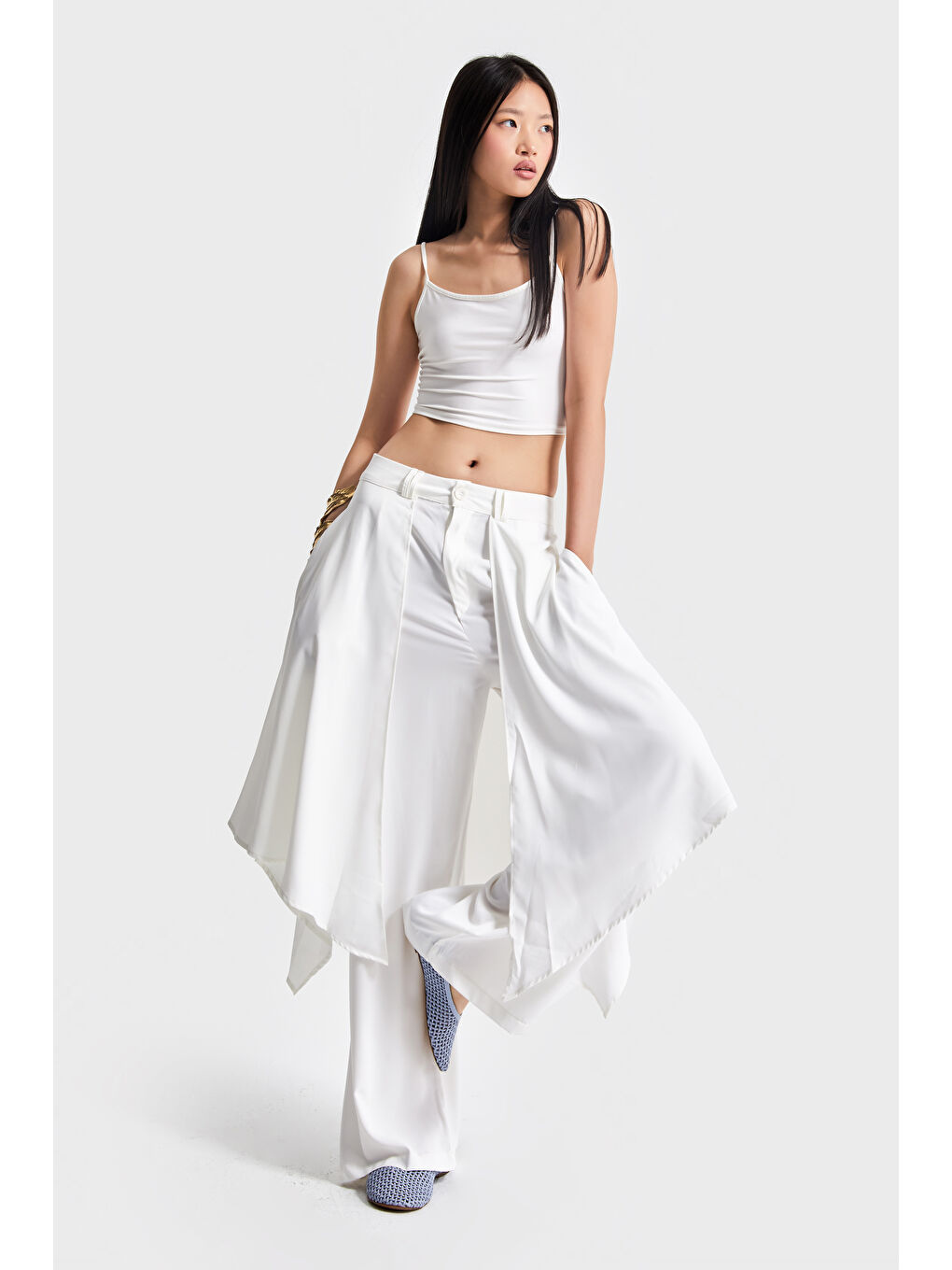 Kadın Ekru Renk Süper Bol Kesim Özel Tasarım Pantolon Etek-4