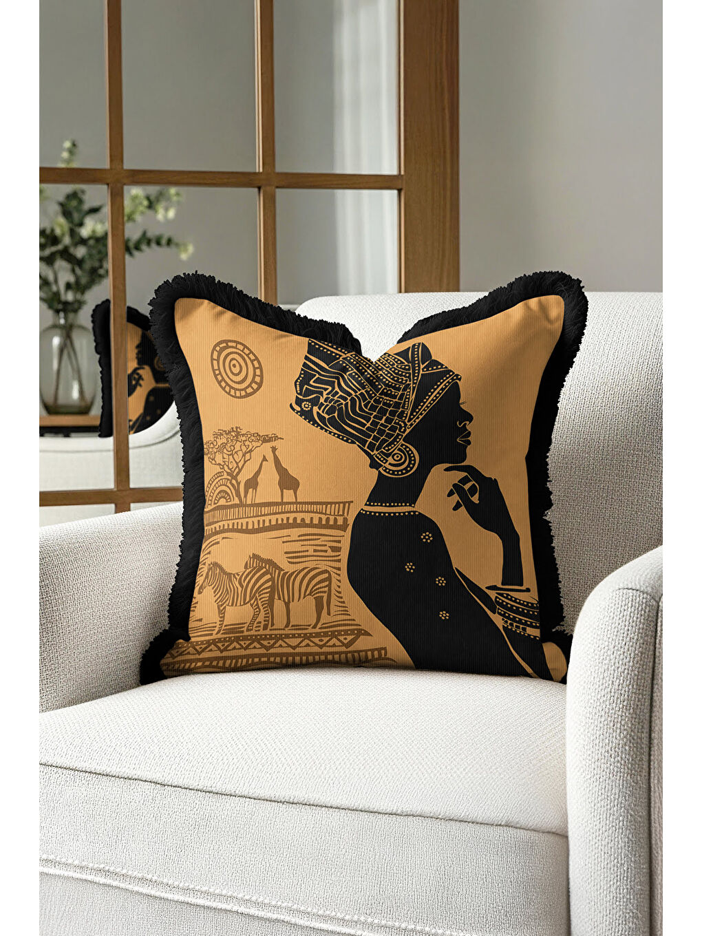 Karışık Afrikan Esintili Saçaklı Yastık Kılıfı - Etnik Safari Temalı Siyah Gold Renk Püsküllü Kırlent Kılıfı-4
