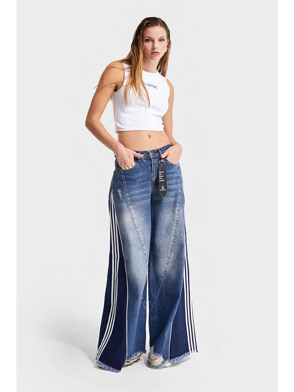 Mavi Kadın jean  Rengi Denim Parçalı Palazzo Fit Tasarım Denim-5