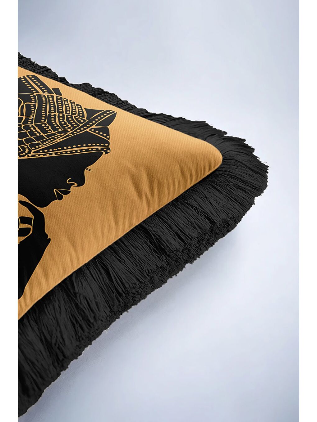 Karışık Afrikan Esintili Saçaklı Yastık Kılıfı - Etnik Safari Temalı Siyah Gold Renk Püsküllü Kırlent Kılıfı-6
