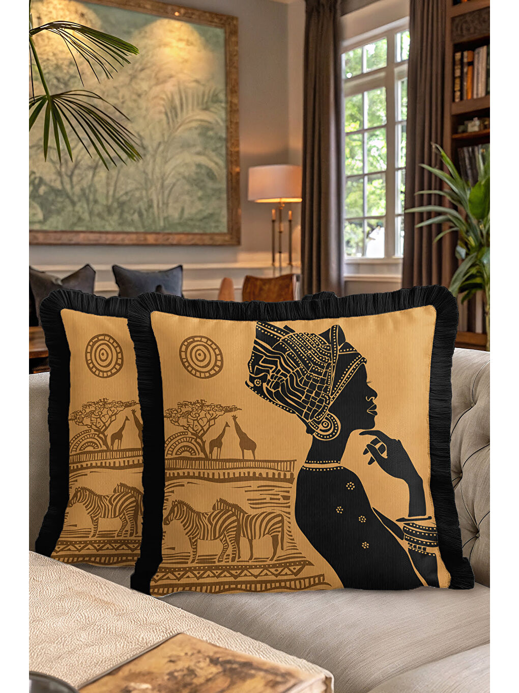Karışık Afrikan Esintili Saçaklı Yastık Kılıfı - Etnik Safari Temalı Siyah Gold Renk Püsküllü Kırlent Kılıfı-7