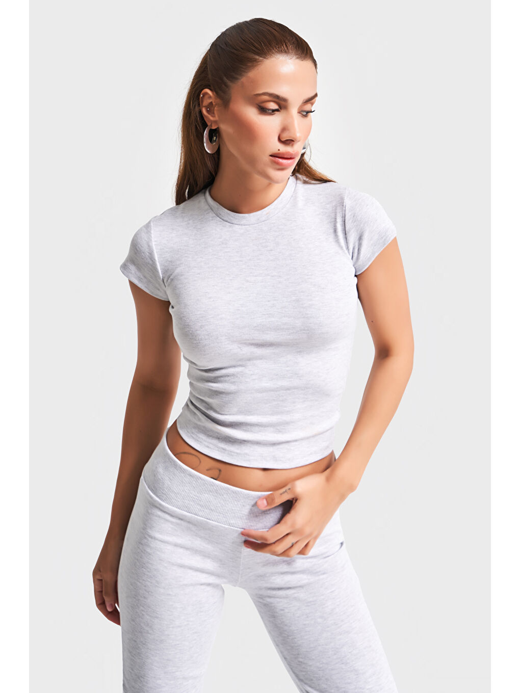 Kadın Gri-Melanj Renk s5-107 Süper Esnek Kumaş %100 Pamuk Bisiklet Yaka Basic Body