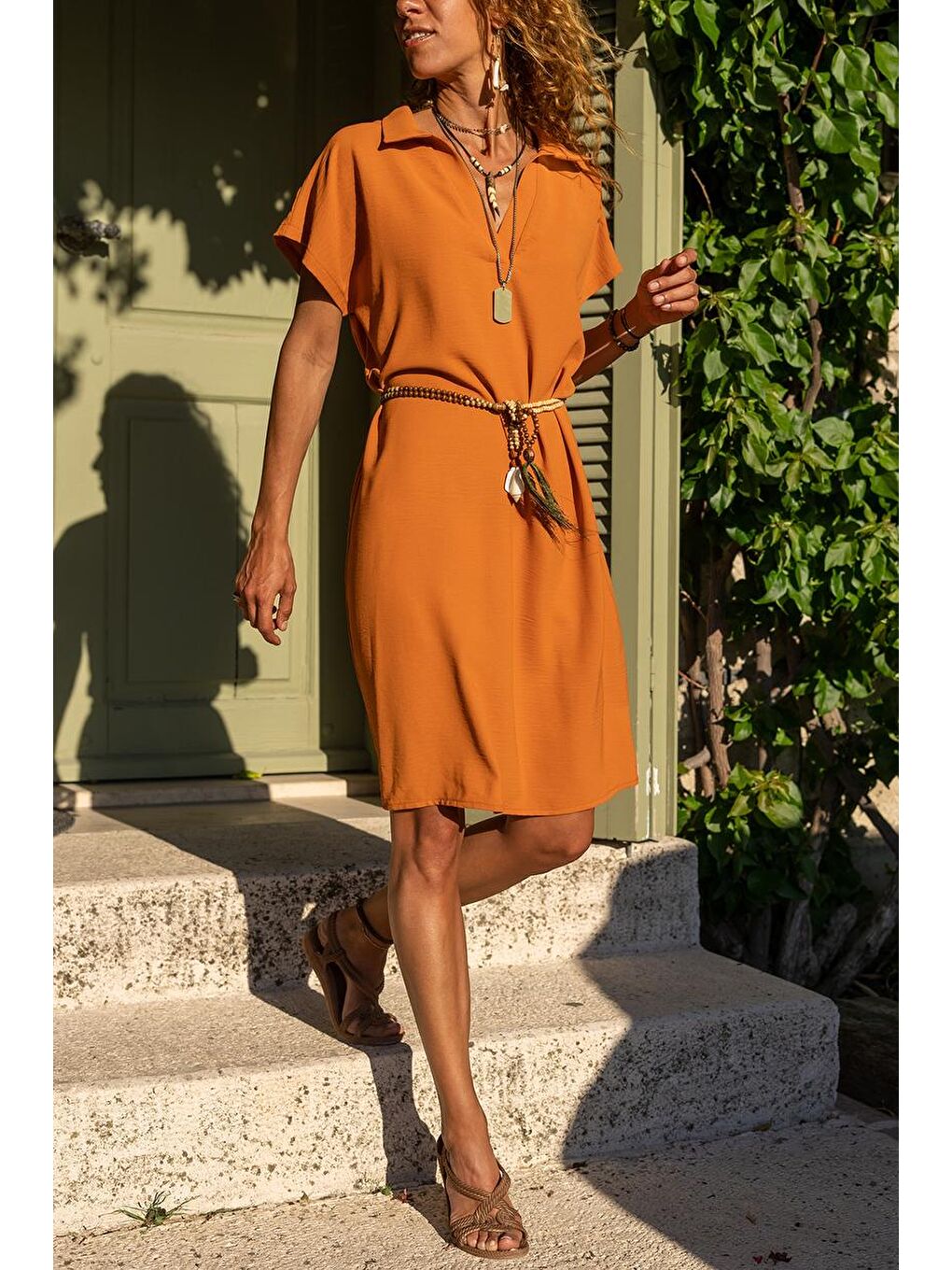 Kahverengi Kadın Kiremit Polo Yaka Airobin Elbise BST2883