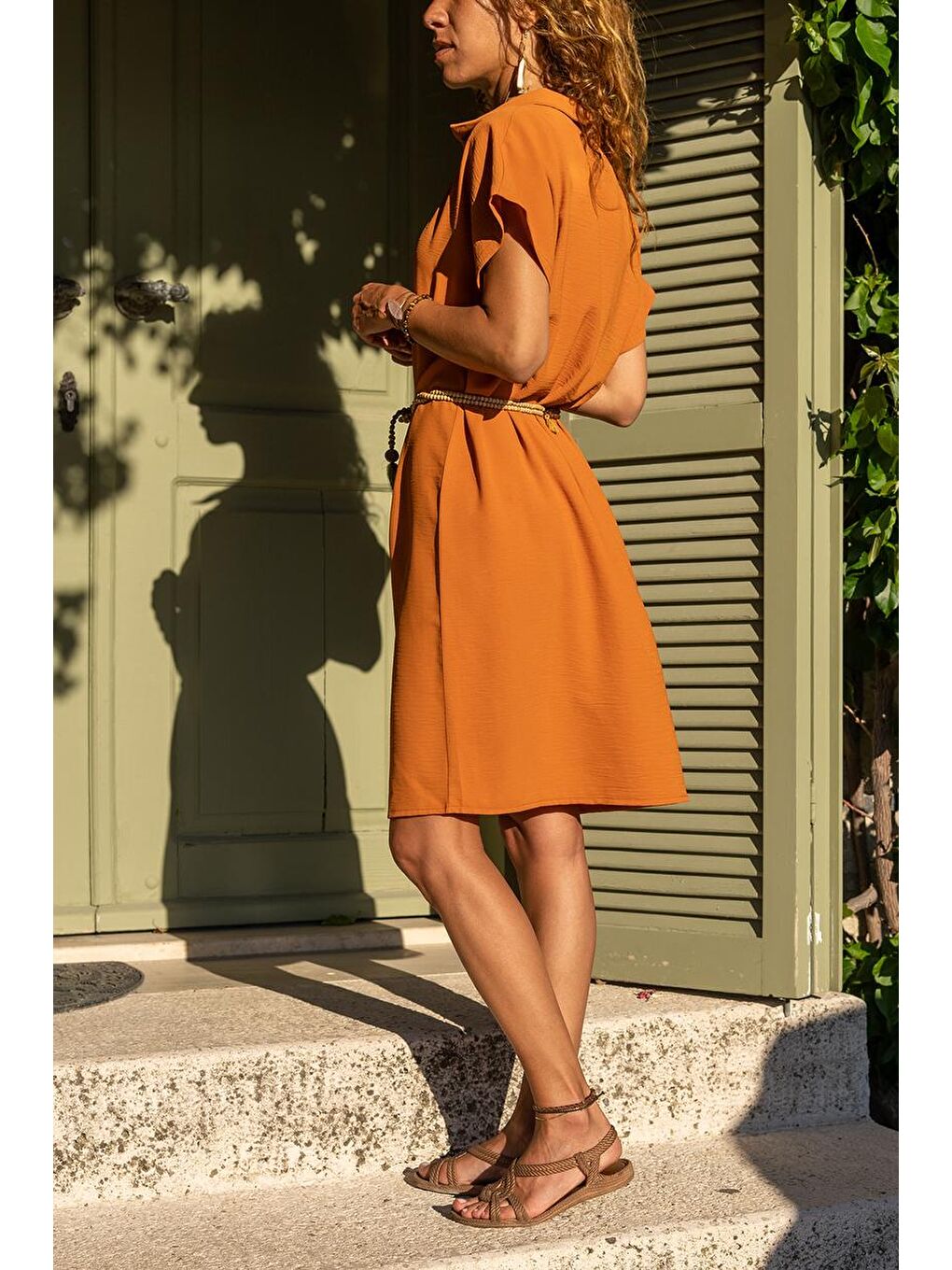 Kahverengi Kadın Kiremit Polo Yaka Airobin Elbise BST2883-1