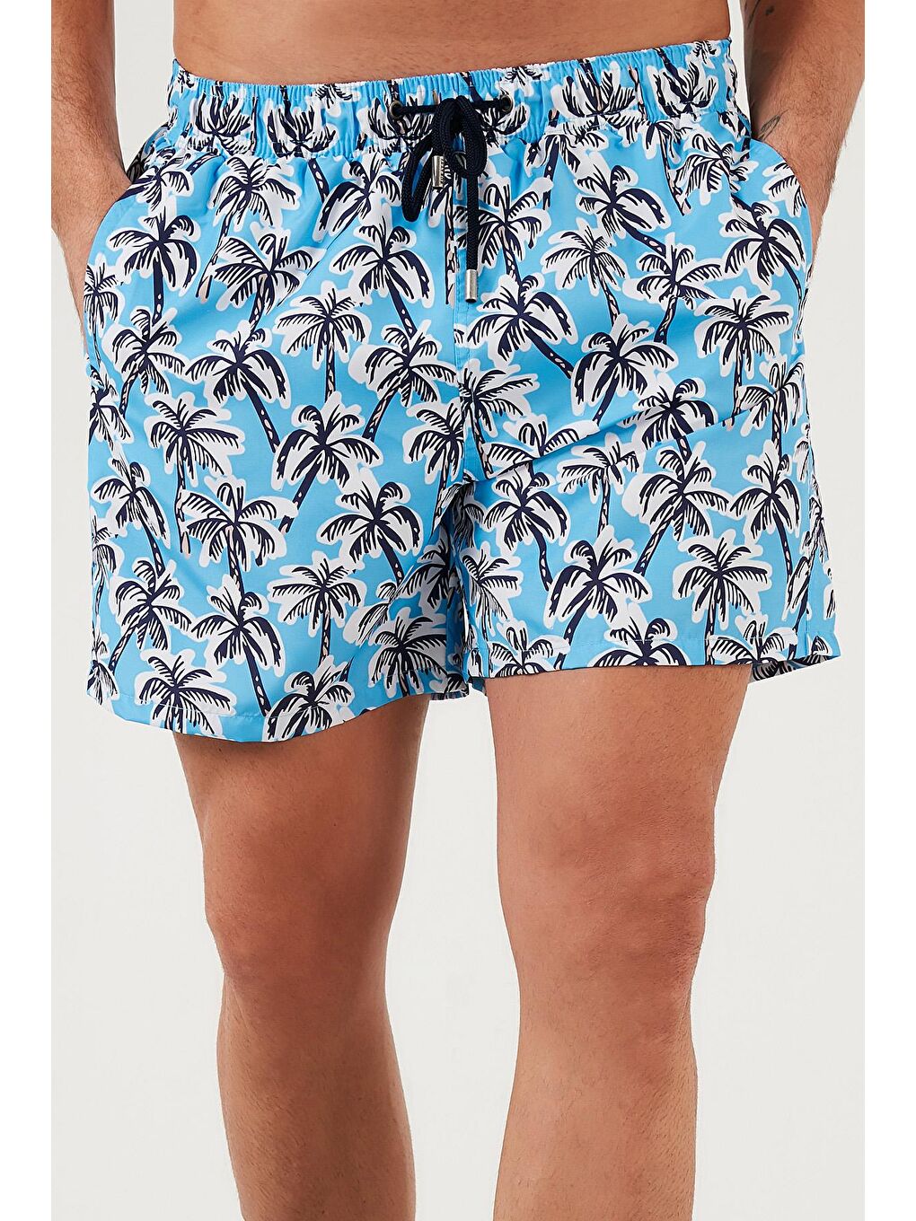 Turkuaz Desenli Deniz Şortu Belden Bağlamalı Cepli Mayo Short 3800579-4