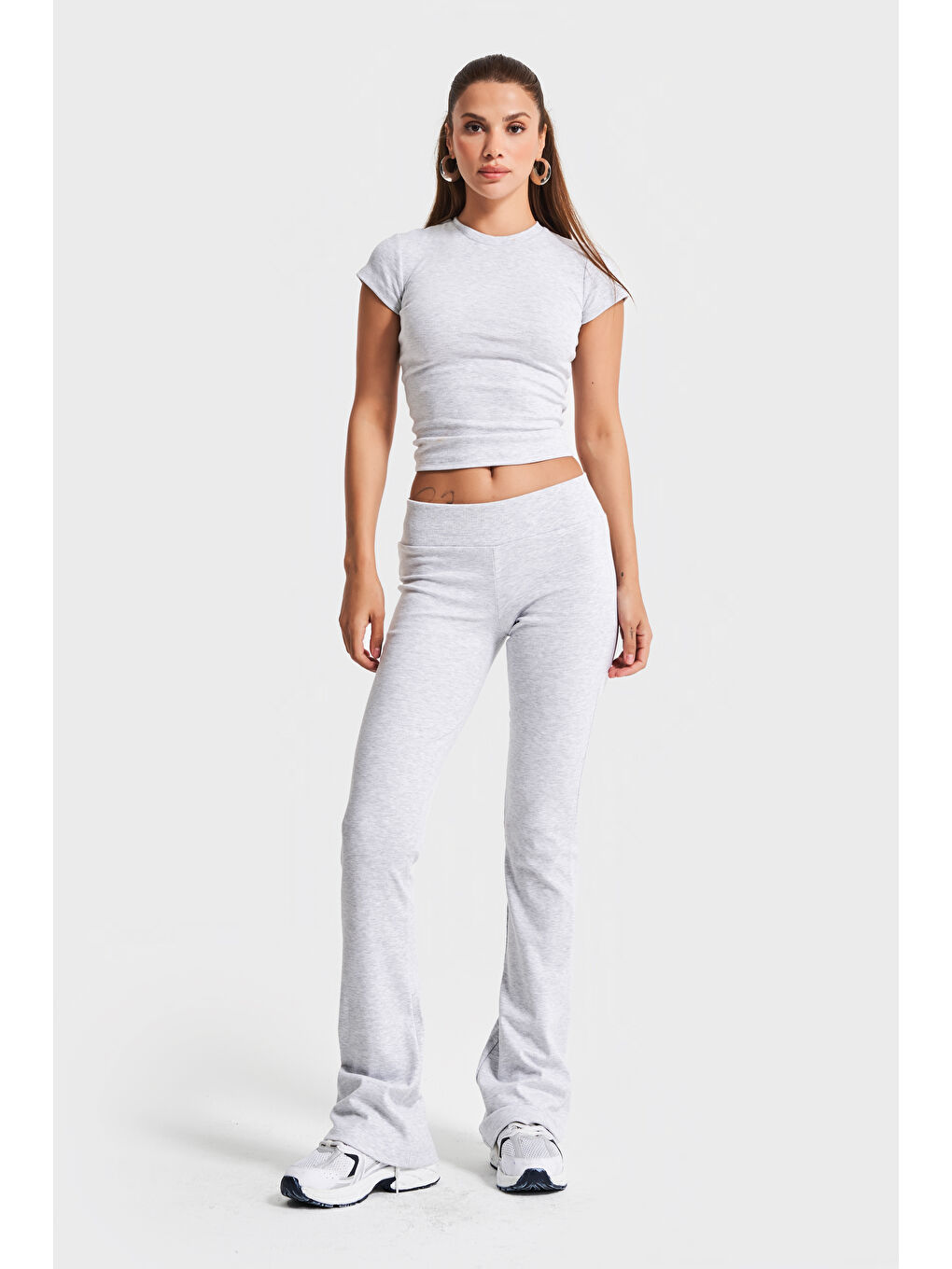 Kadın Gri-Melanj Renk s5-107 Süper Esnek Kumaş %100 Pamuk Bisiklet Yaka Basic Body-4