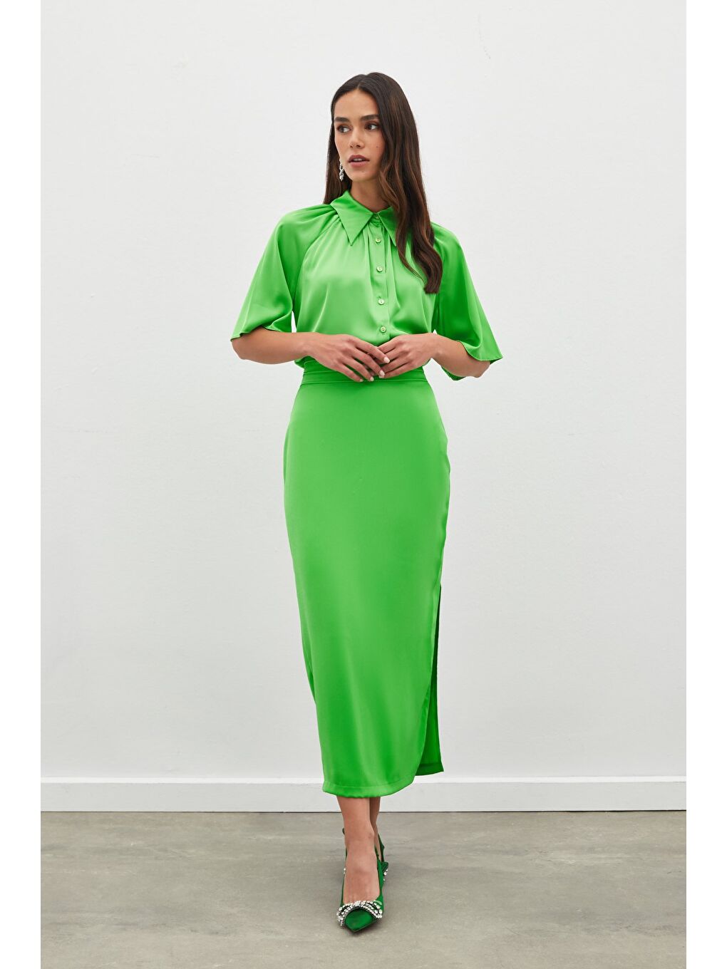 Bel Pile Detaylı Saten Etek - Açık Yeşil-1
