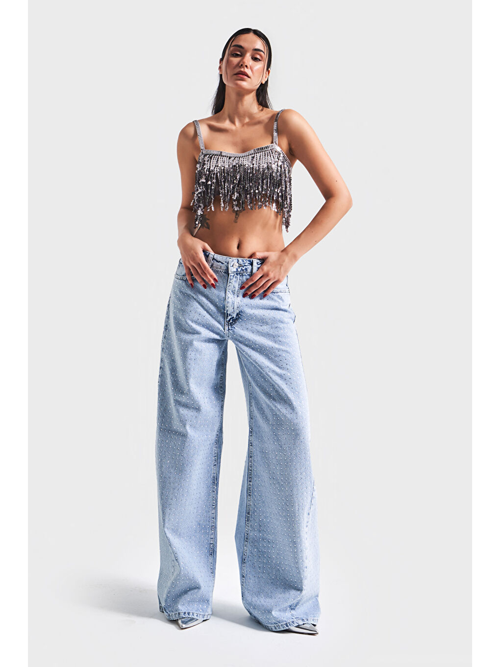 Kadın Mavi Renk Önü Ful Parlak Taşlı Palazzo Fit Denim-1