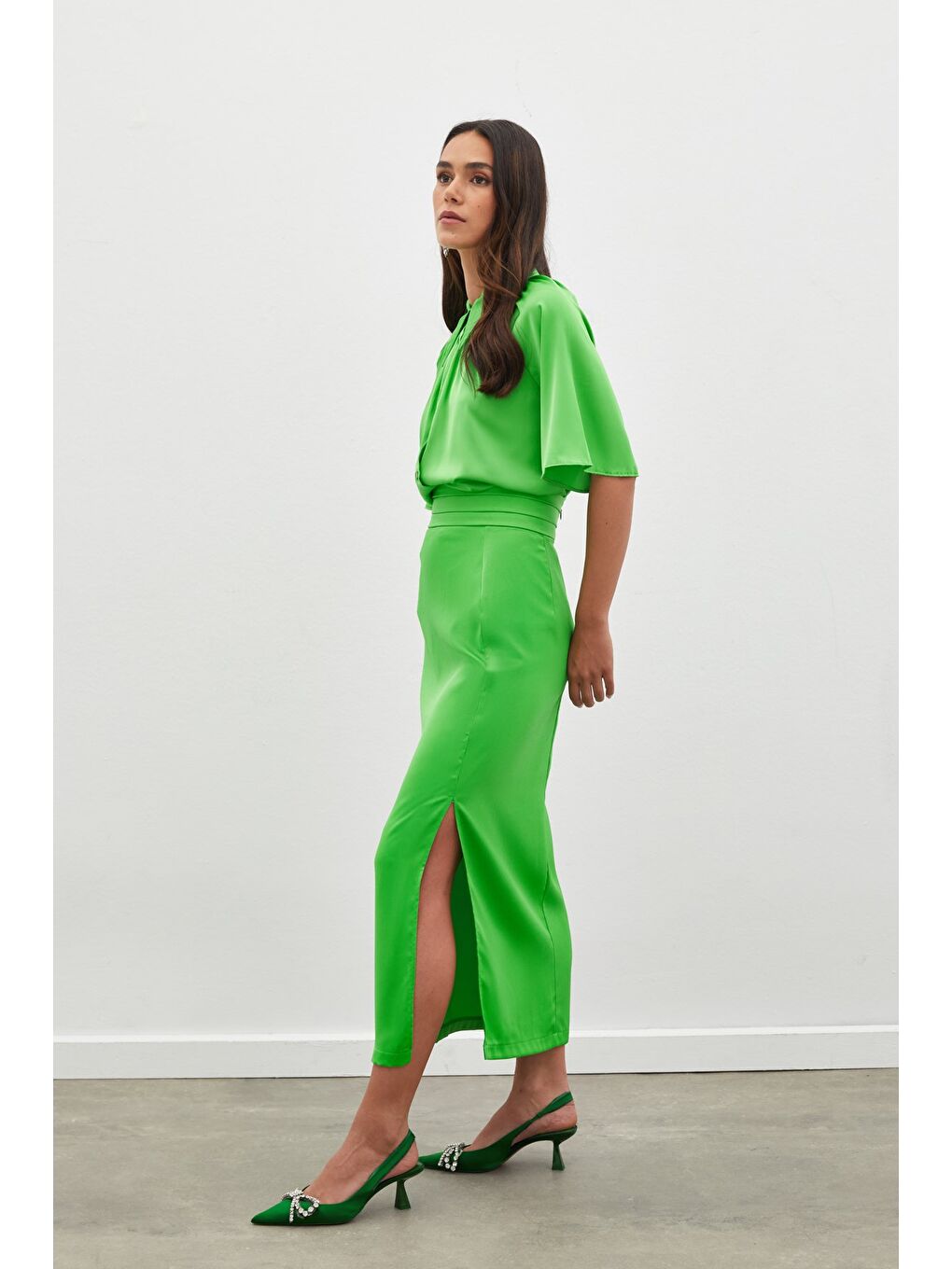 Bel Pile Detaylı Saten Etek - Açık Yeşil-2