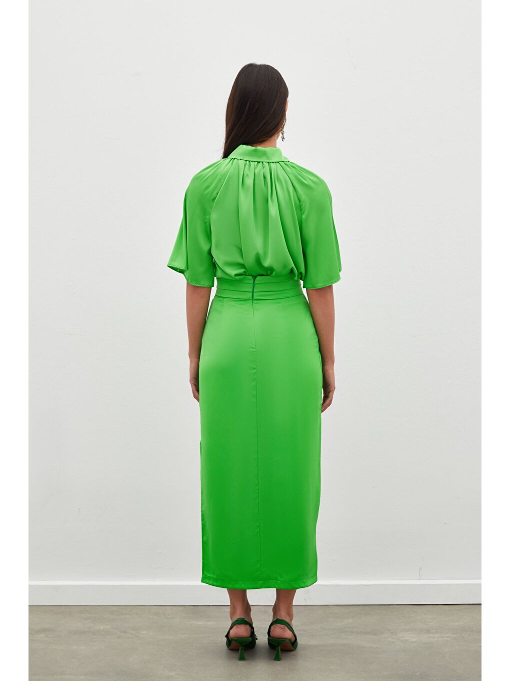 Bel Pile Detaylı Saten Etek - Açık Yeşil-6