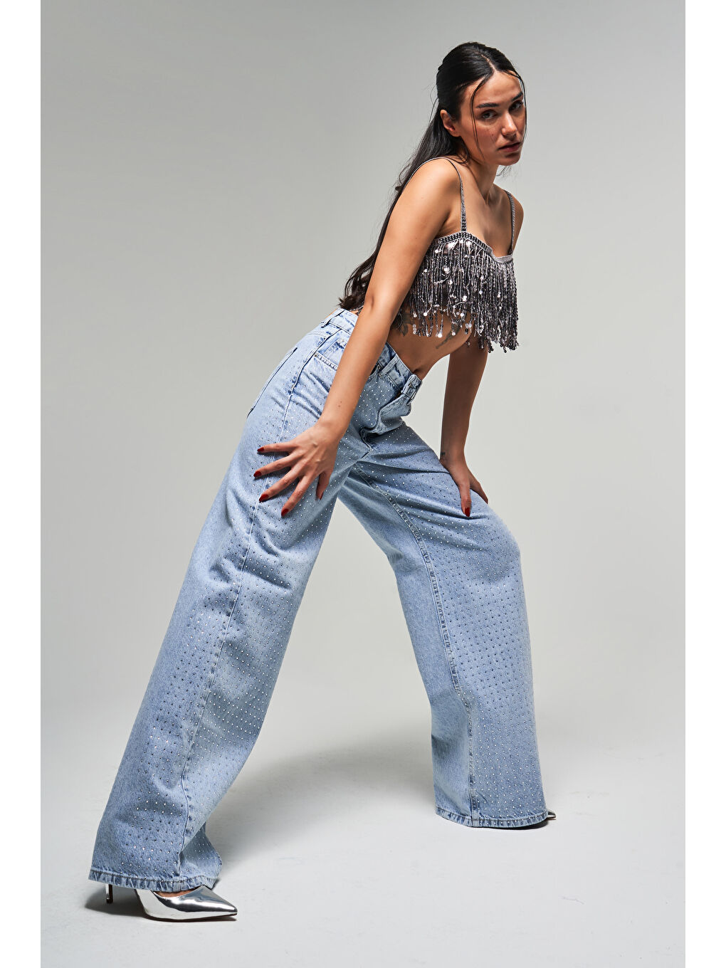 Kadın Mavi Renk Önü Ful Parlak Taşlı Palazzo Fit Denim-3