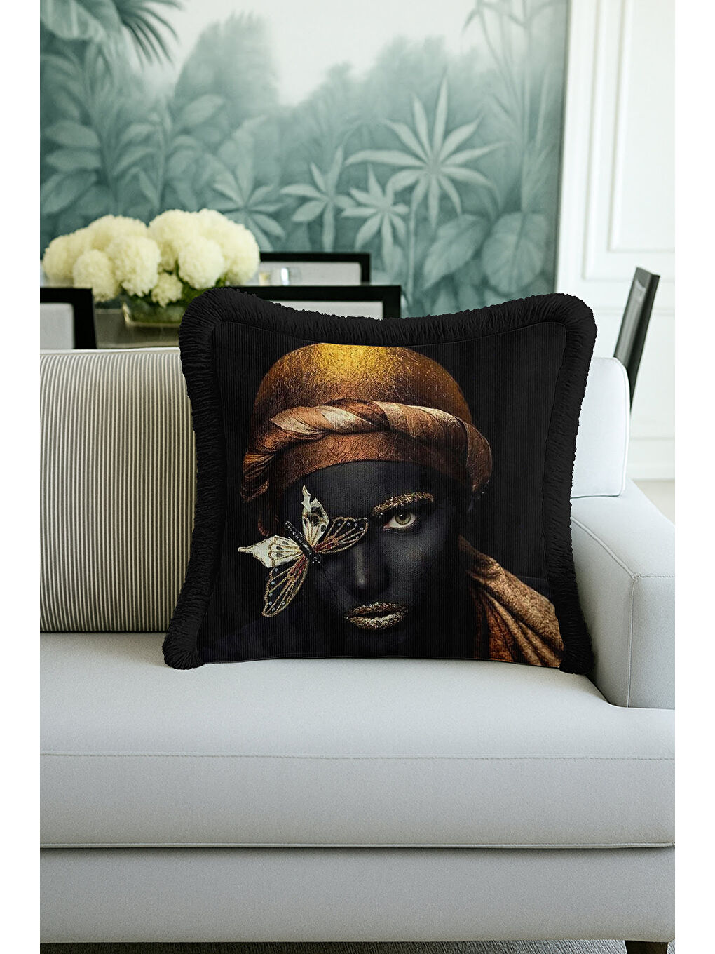 Karışık Lüks Portre Sanatı Saçaklı Yastık Kılıfı - Modern Altın Siyah Püsküllü Kırlent Kılıfı