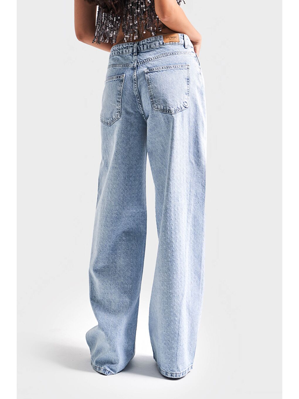 Kadın Mavi Renk Önü Ful Parlak Taşlı Palazzo Fit Denim-4