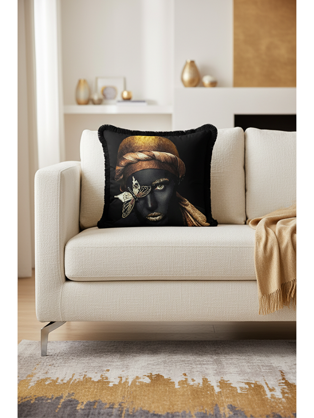 Karışık Lüks Portre Sanatı Saçaklı Yastık Kılıfı - Modern Altın Siyah Püsküllü Kırlent Kılıfı-1
