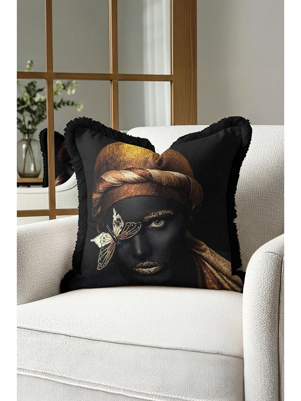 Karışık Lüks Portre Sanatı Saçaklı Yastık Kılıfı - Modern Altın Siyah Püsküllü Kırlent Kılıfı-2