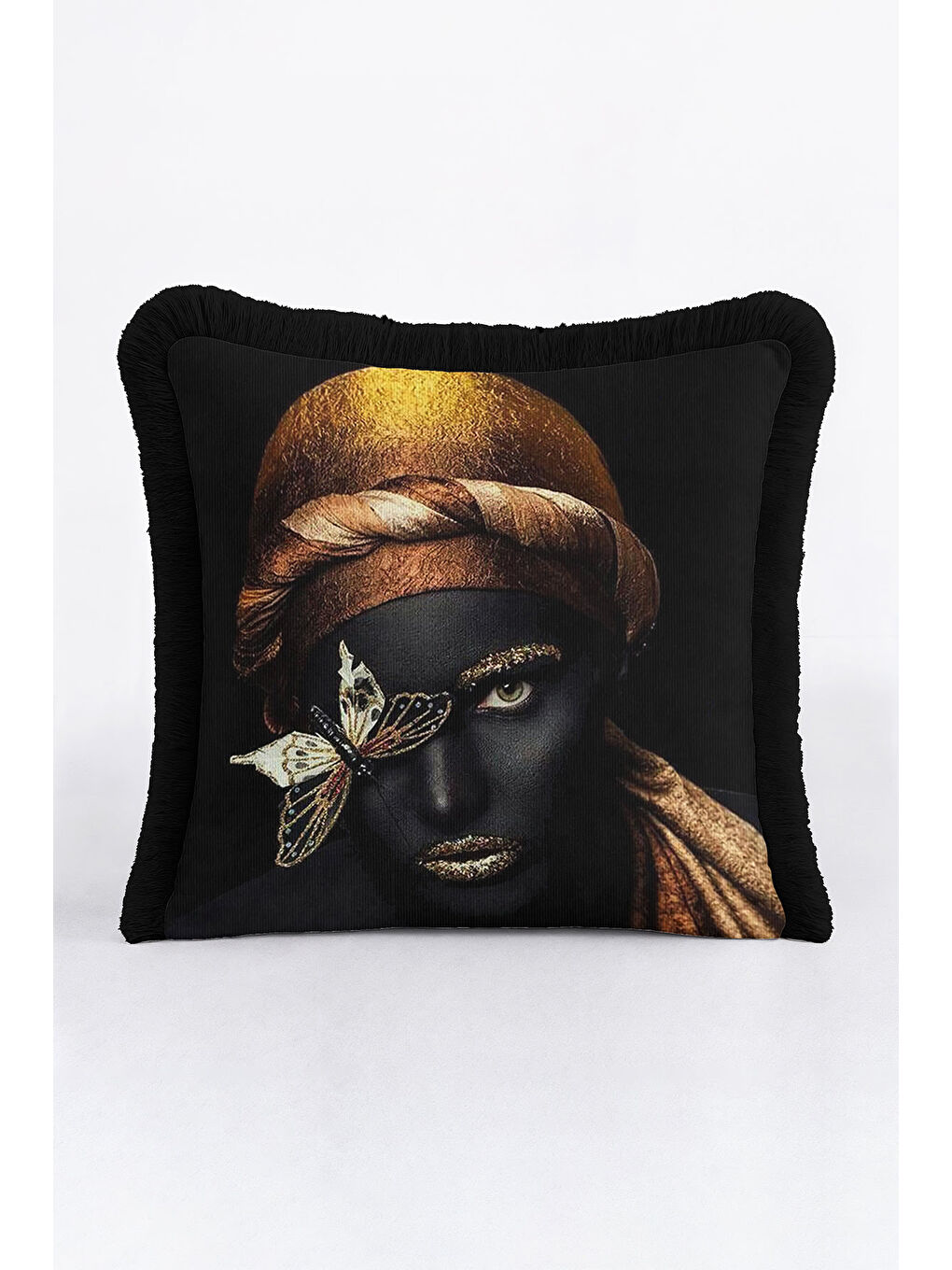 Karışık Lüks Portre Sanatı Saçaklı Yastık Kılıfı - Modern Altın Siyah Püsküllü Kırlent Kılıfı-3