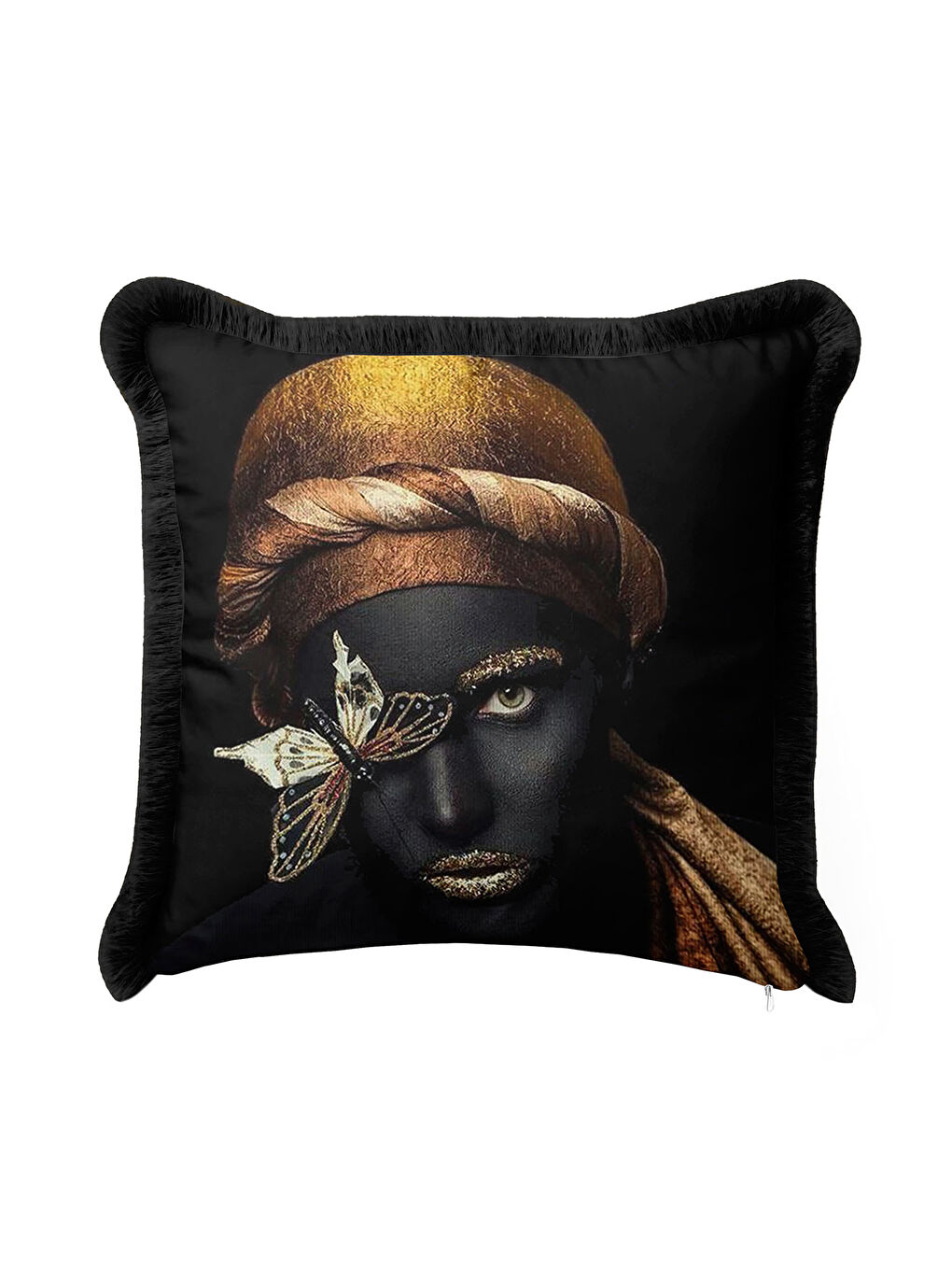 Karışık Lüks Portre Sanatı Saçaklı Yastık Kılıfı - Modern Altın Siyah Püsküllü Kırlent Kılıfı-4