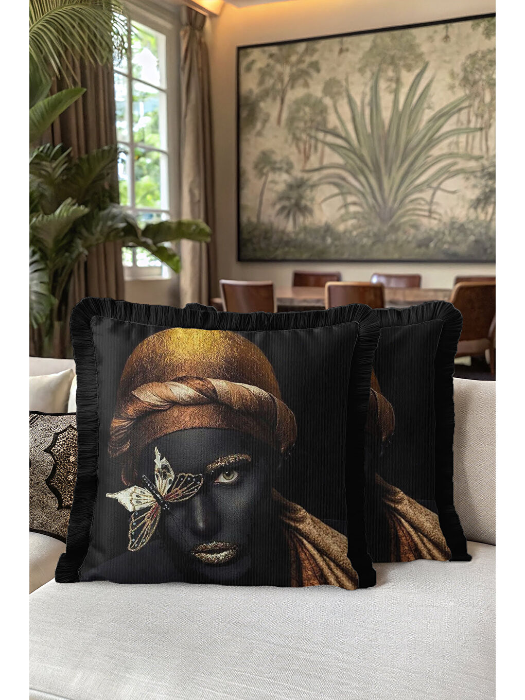 Karışık Lüks Portre Sanatı Saçaklı Yastık Kılıfı - Modern Altın Siyah Püsküllü Kırlent Kılıfı-5