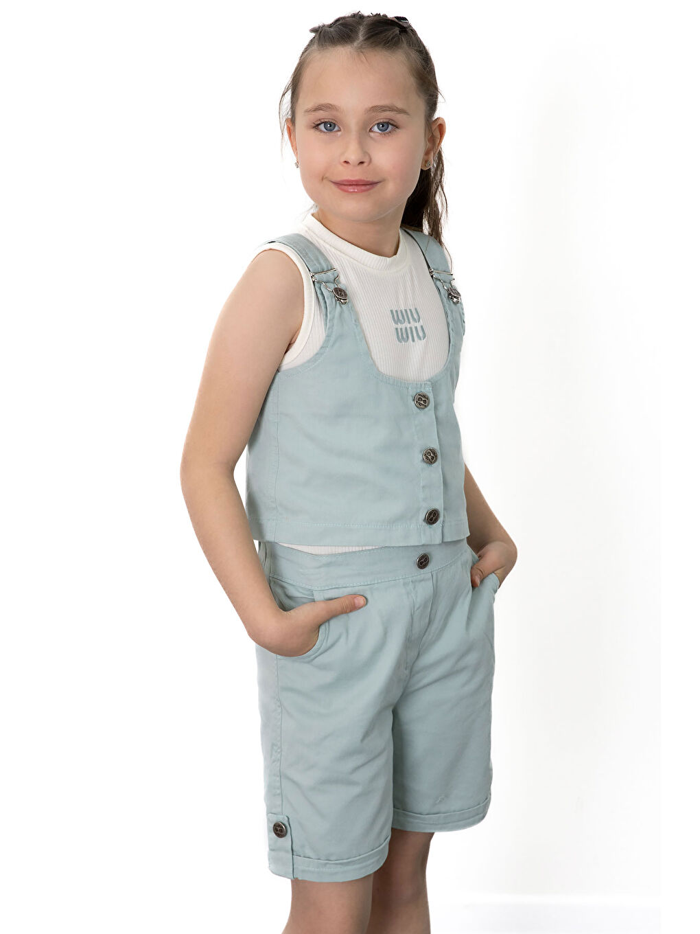 Mint Yeşili Sıfır Kol Badili Düğmeli Yelekli Kız Çocuk 3lü Şortlu Takım 21037-3