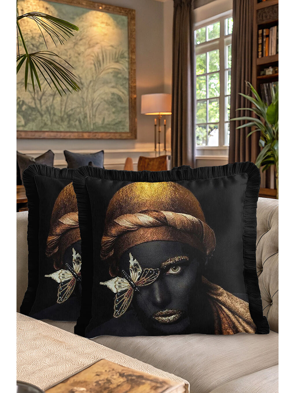 Karışık Lüks Portre Sanatı Saçaklı Yastık Kılıfı - Modern Altın Siyah Püsküllü Kırlent Kılıfı-7