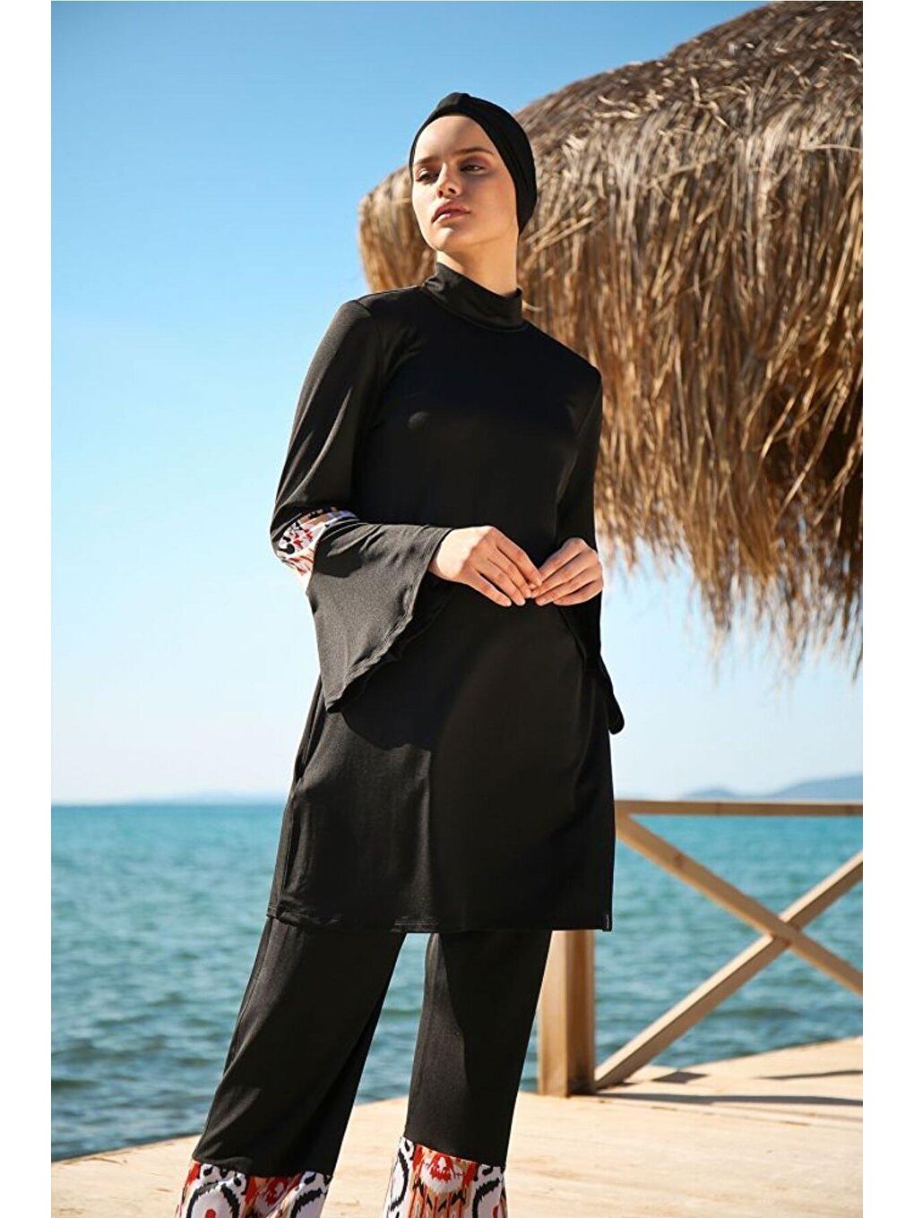 İp Bağlamalı 4’lü Siyah Desen Detaylı Tam Kapalı Tesettür Mayo 1961-1