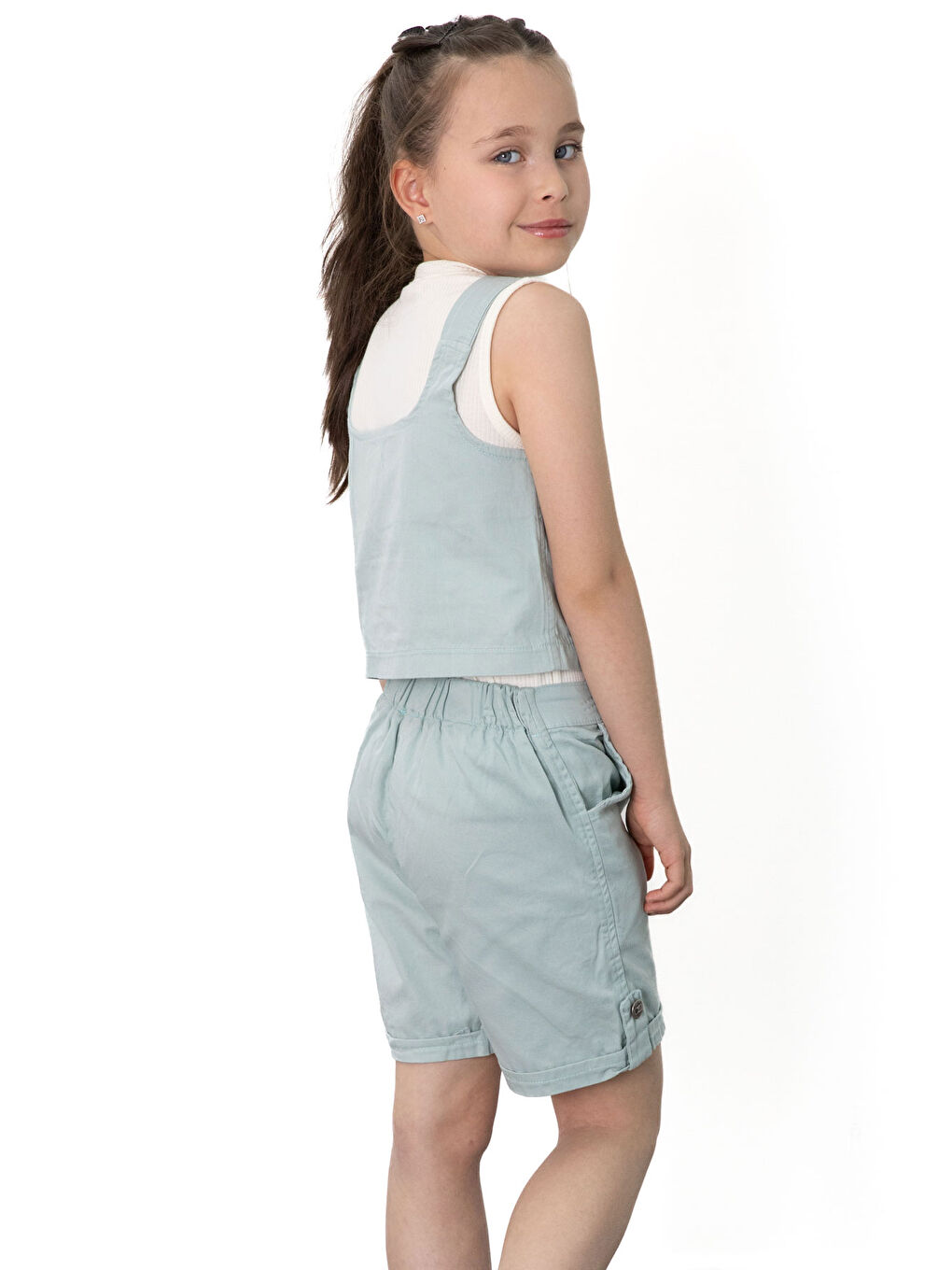 Mint Yeşili Sıfır Kol Badili Düğmeli Yelekli Kız Çocuk 3lü Şortlu Takım 21037-4