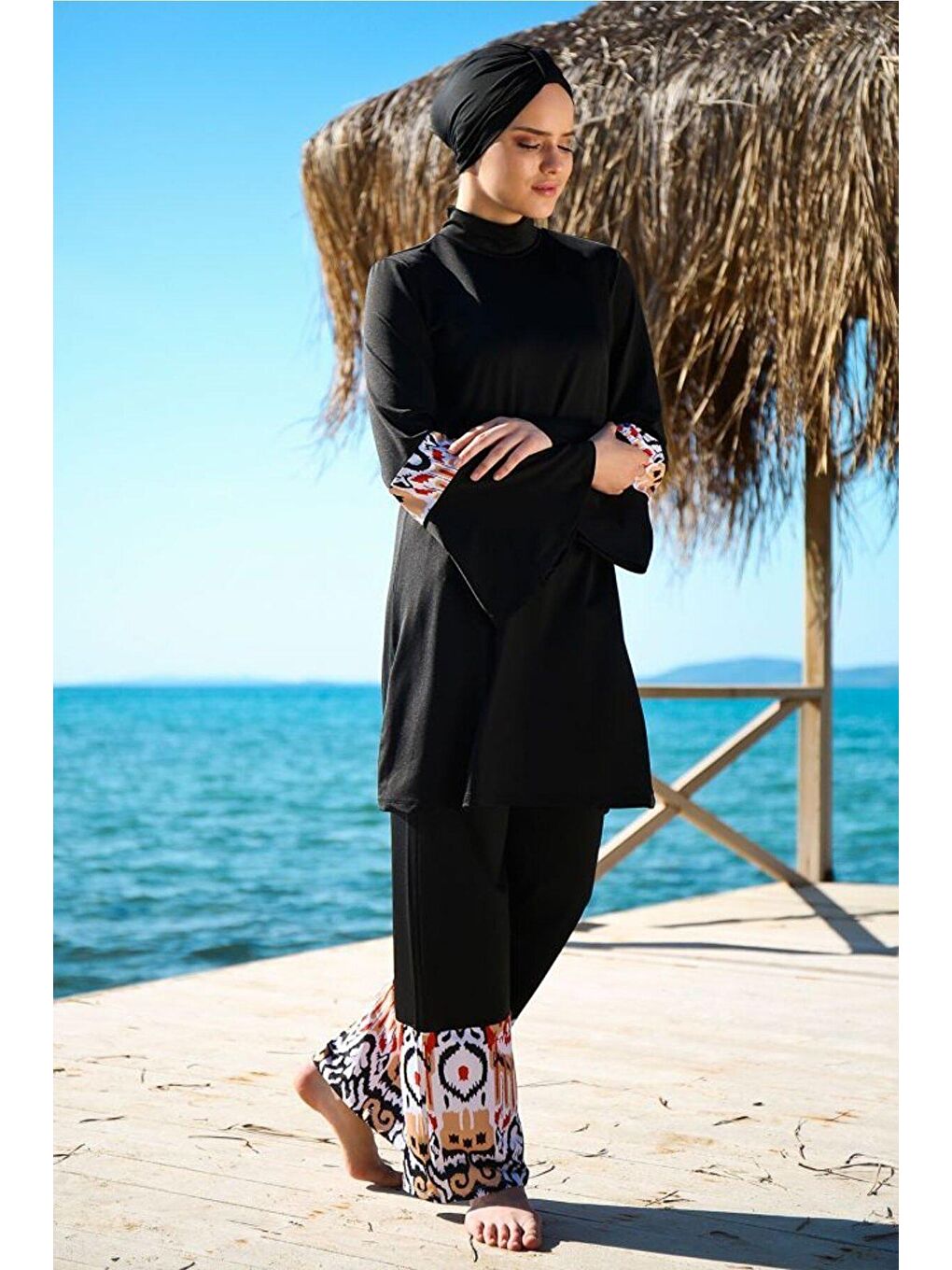 İp Bağlamalı 4’lü Siyah Desen Detaylı Tam Kapalı Tesettür Mayo 1961-2