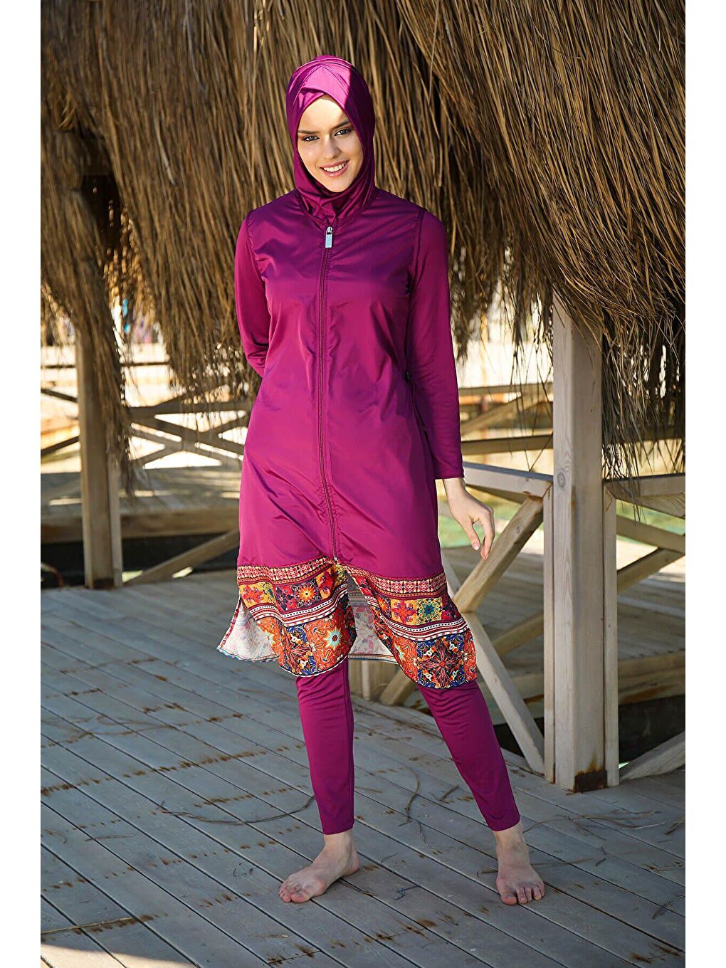 Paraşüt 3'lü Mürdüm Etek Ucu Detaylı Fermuarlı Tam Kapalı  Tesettür Mayo 1982-2