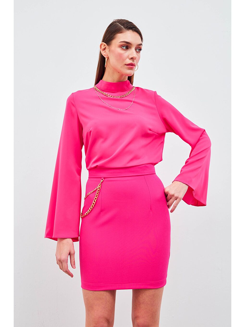 Zincir Aksesuarlı Mini Etek - Fuşya-1