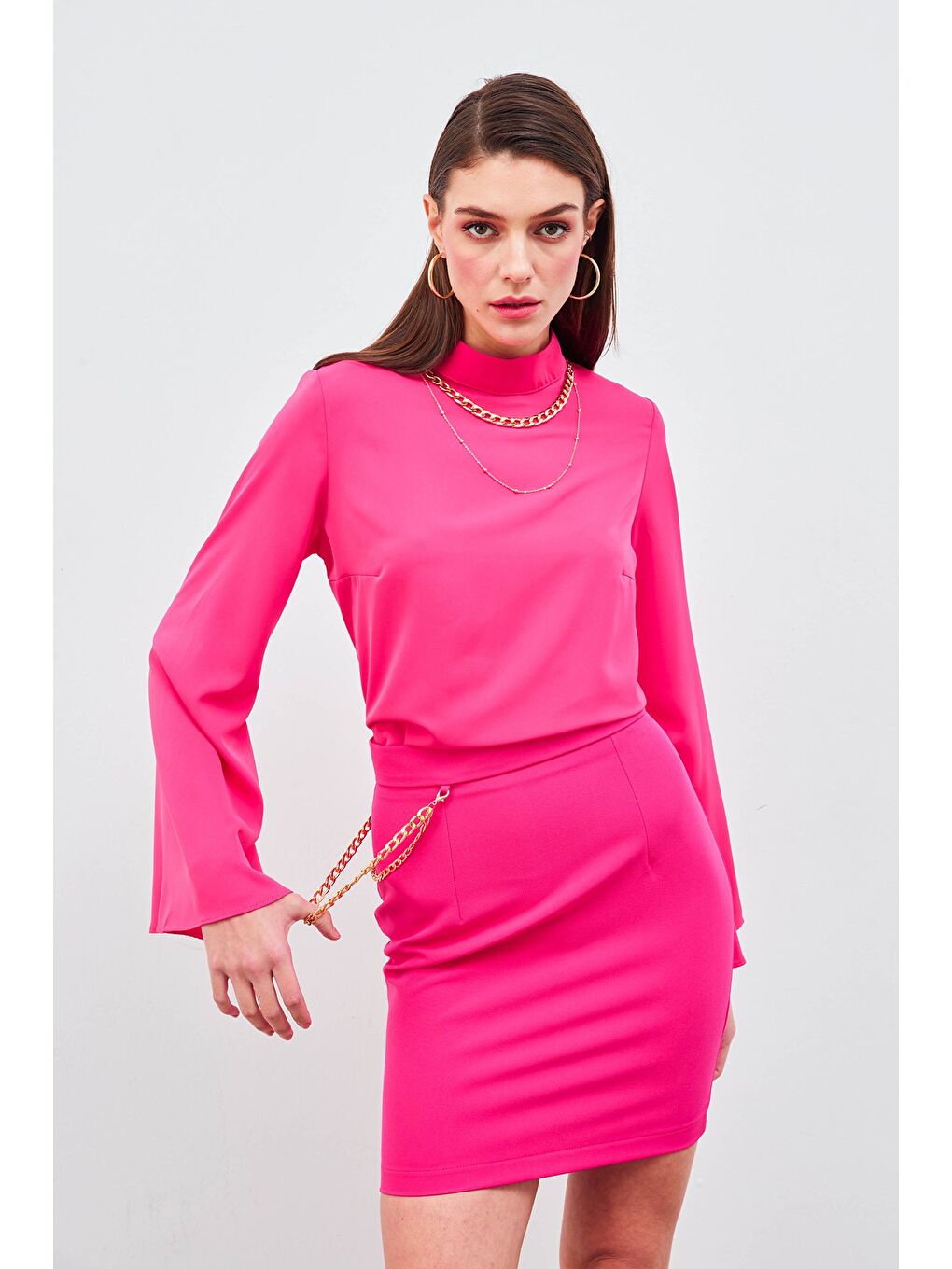 Zincir Aksesuarlı Mini Etek - Fuşya-2