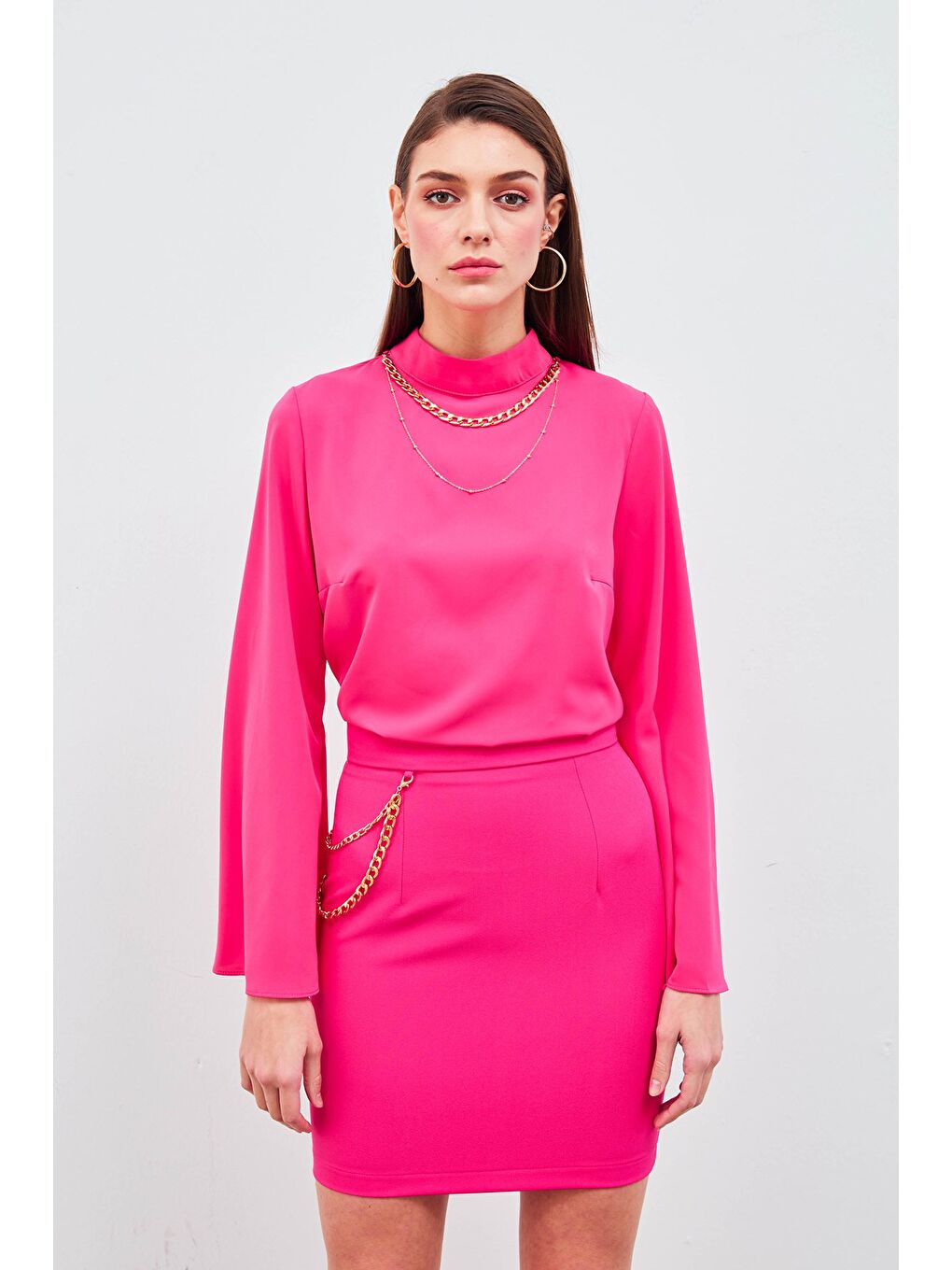 Zincir Aksesuarlı Mini Etek - Fuşya-3