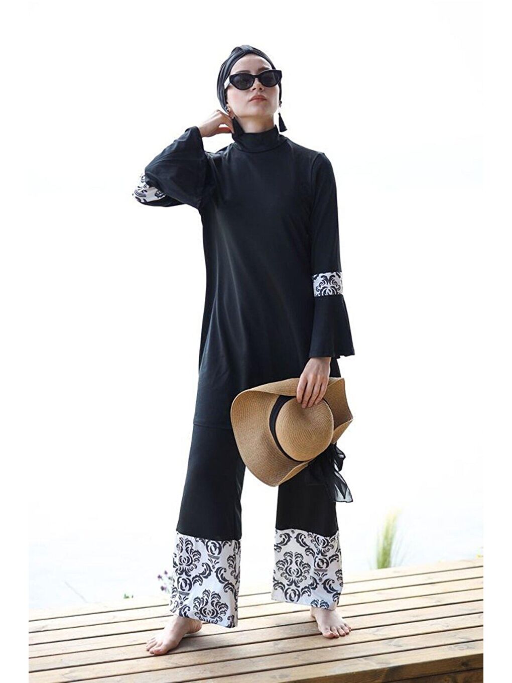 İp Bağlamalı 4’lü Siyah desenli Tam Kapalı Tesettür Mayo 1958-3