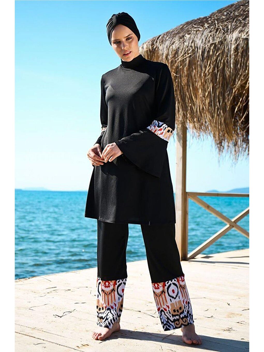 İp Bağlamalı 4’lü Siyah Desen Detaylı Tam Kapalı Tesettür Mayo 1961-3