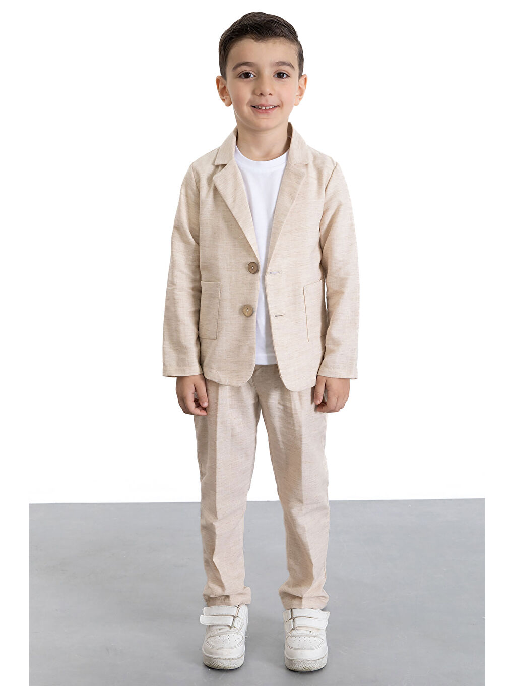 Ekru Krem Keten Ceketli ve Pantolonlu Basic Tişörtlü Erkek Çocuk 3lü Takım Elbise 21118