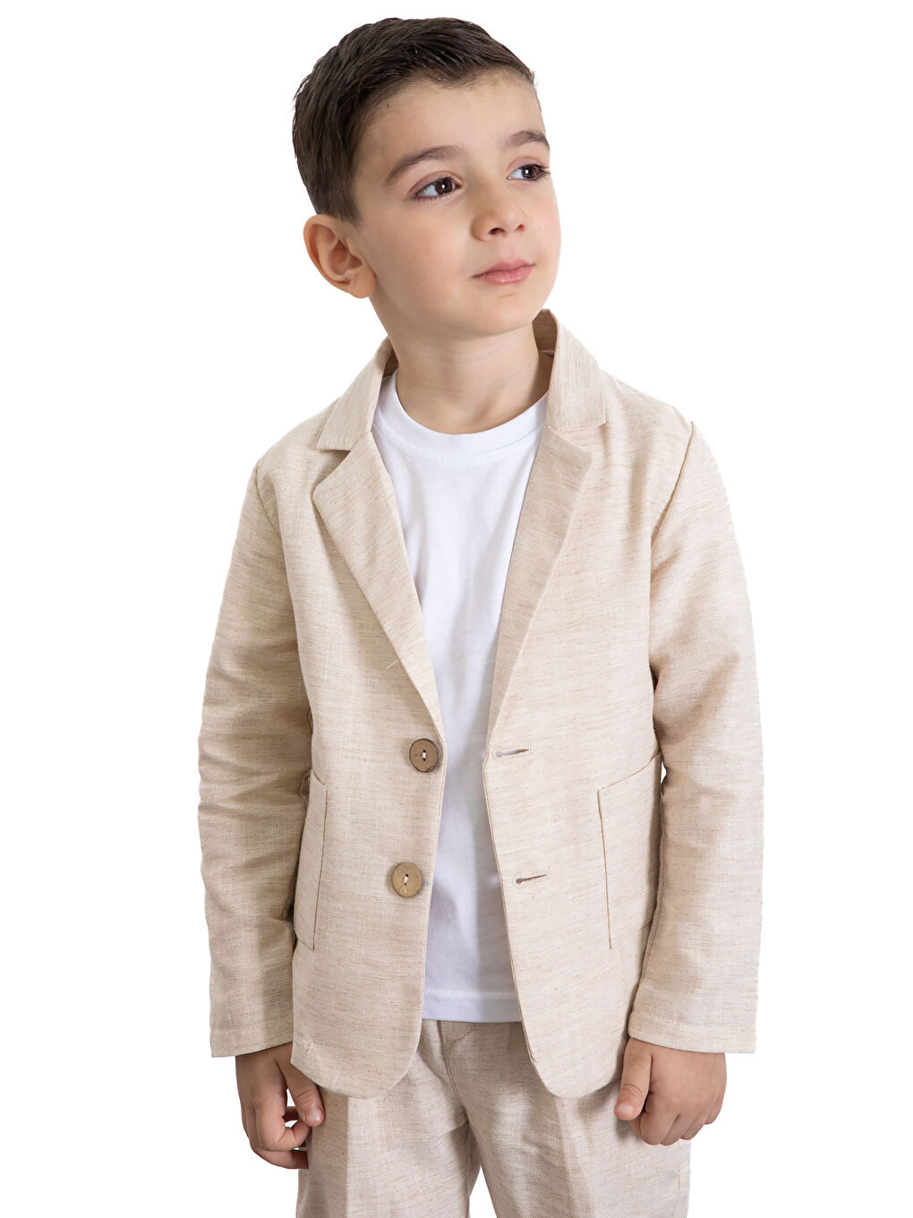 Ekru Krem Keten Ceketli ve Pantolonlu Basic Tişörtlü Erkek Çocuk 3lü Takım Elbise 21118-1