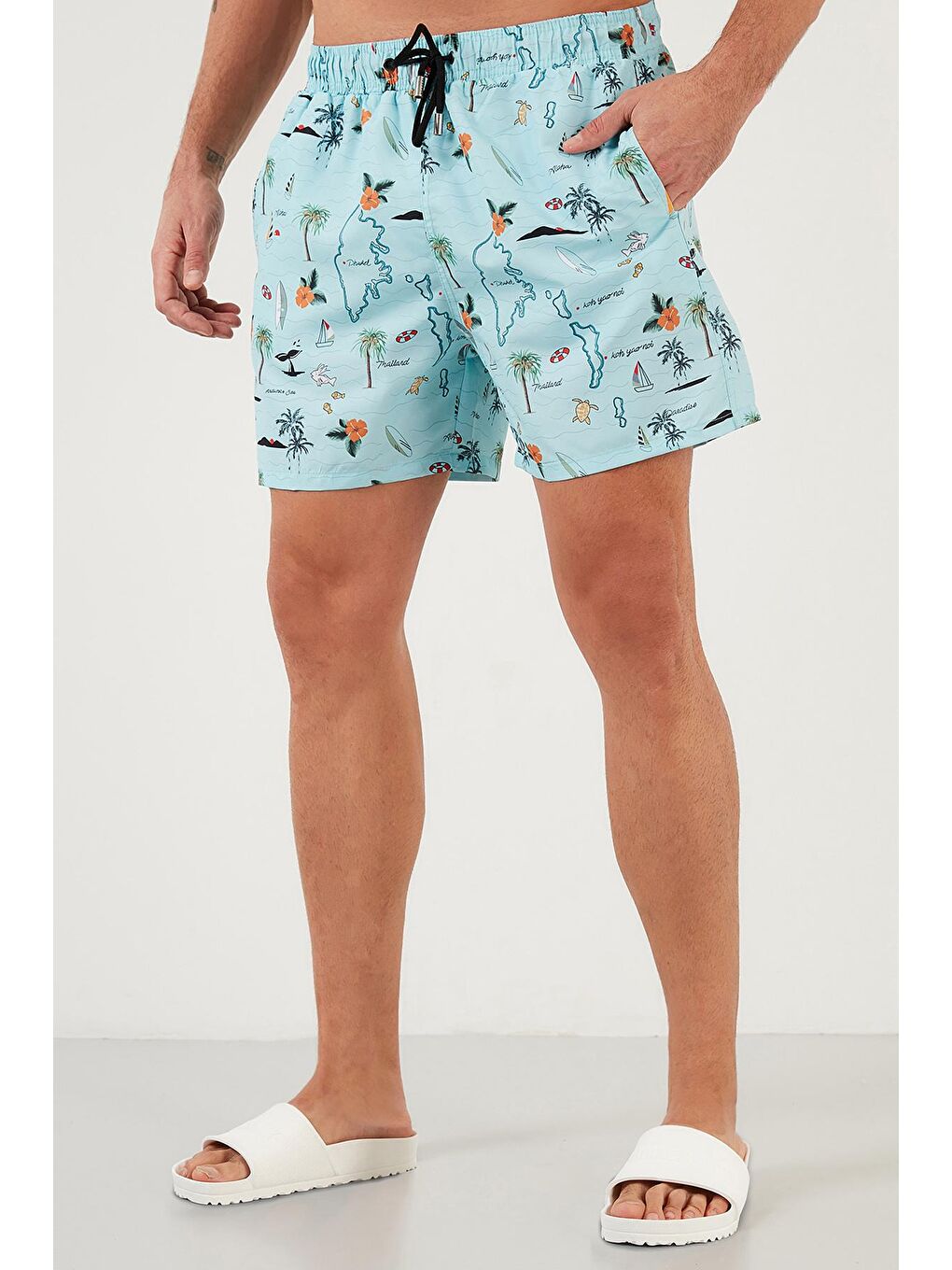 Turkuaz Desenli Deniz Şortu Belden Bağlamalı Cepli Erkek Mayo Short 3800558