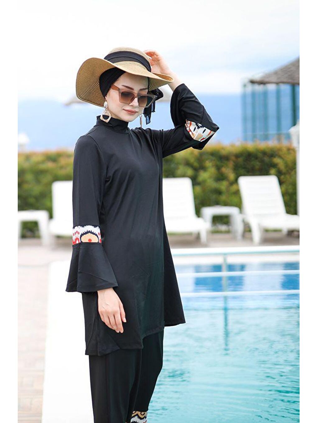 İp Bağlamalı 4’lü Siyah Desen Detaylı Tam Kapalı Tesettür Mayo 1961-4