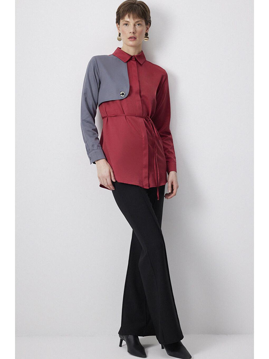 Bordo Kontrast Renkli Gömlek-2