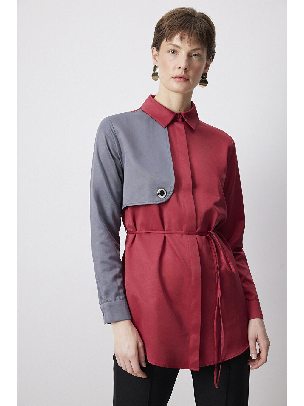 Bordo Kontrast Renkli Gömlek-3