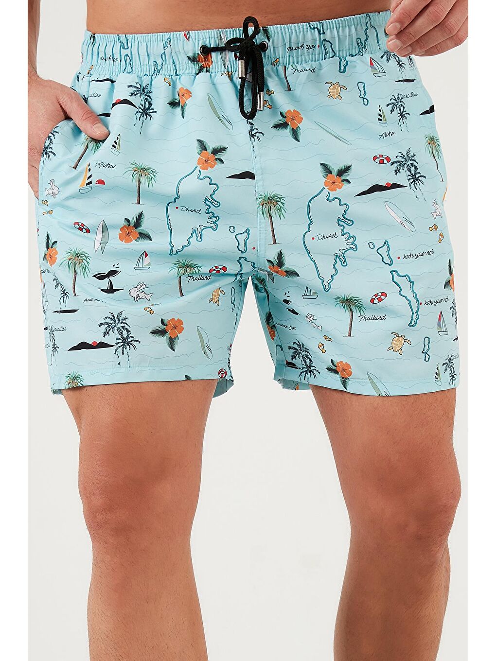 Turkuaz Desenli Deniz Şortu Belden Bağlamalı Cepli Erkek Mayo Short 3800558-1
