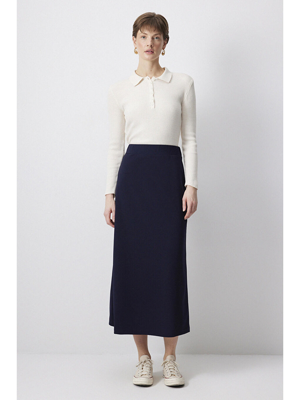 Lacivert Basic Örme Krep Etek-1