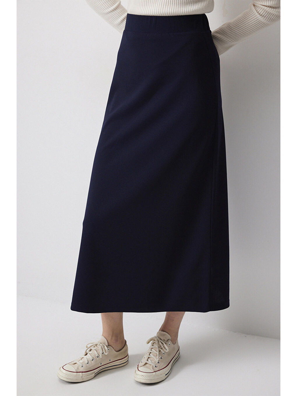 Lacivert Basic Örme Krep Etek-2