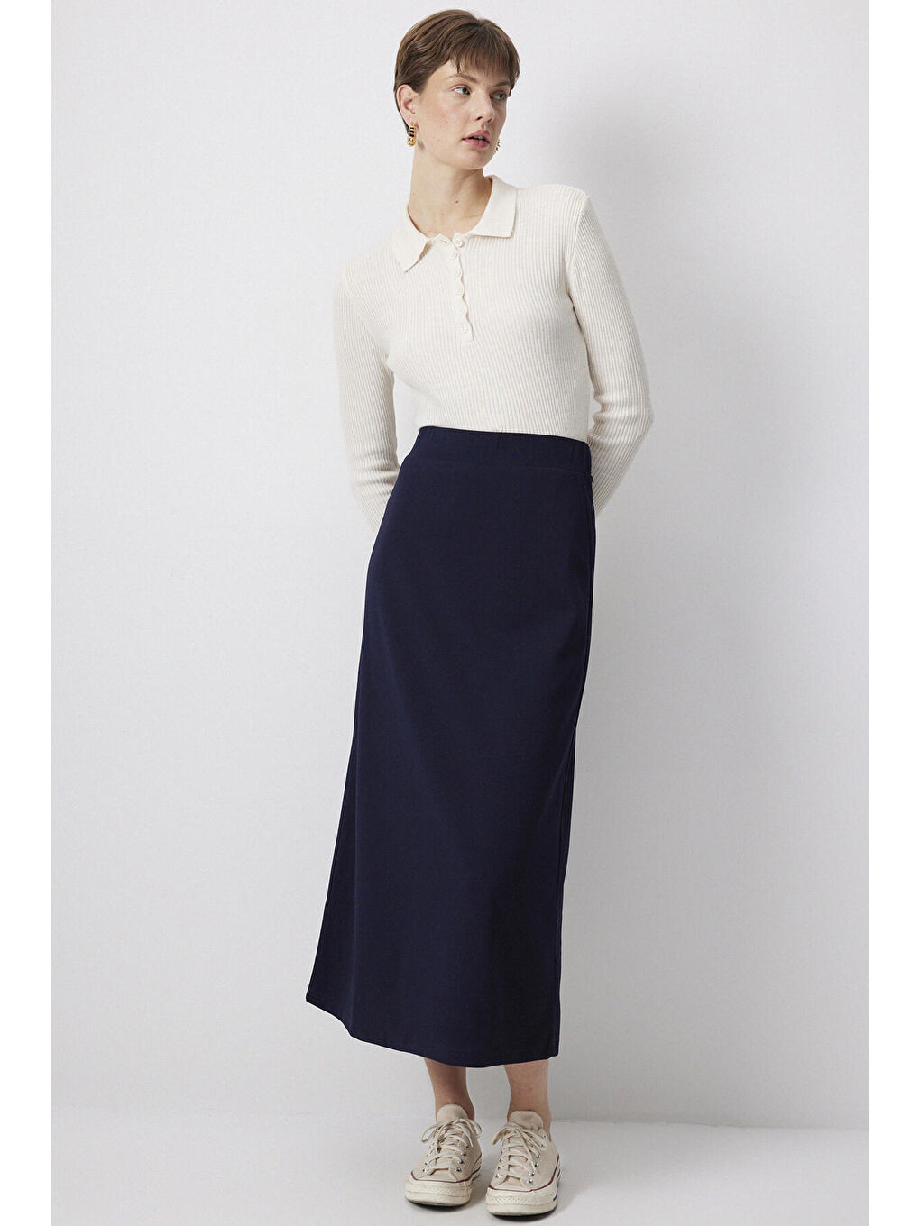 Lacivert Basic Örme Krep Etek-3