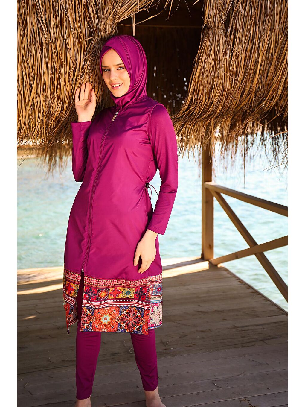 Paraşüt 3'lü Mürdüm Etek Ucu Detaylı Fermuarlı Tam Kapalı  Tesettür Mayo 1982-4