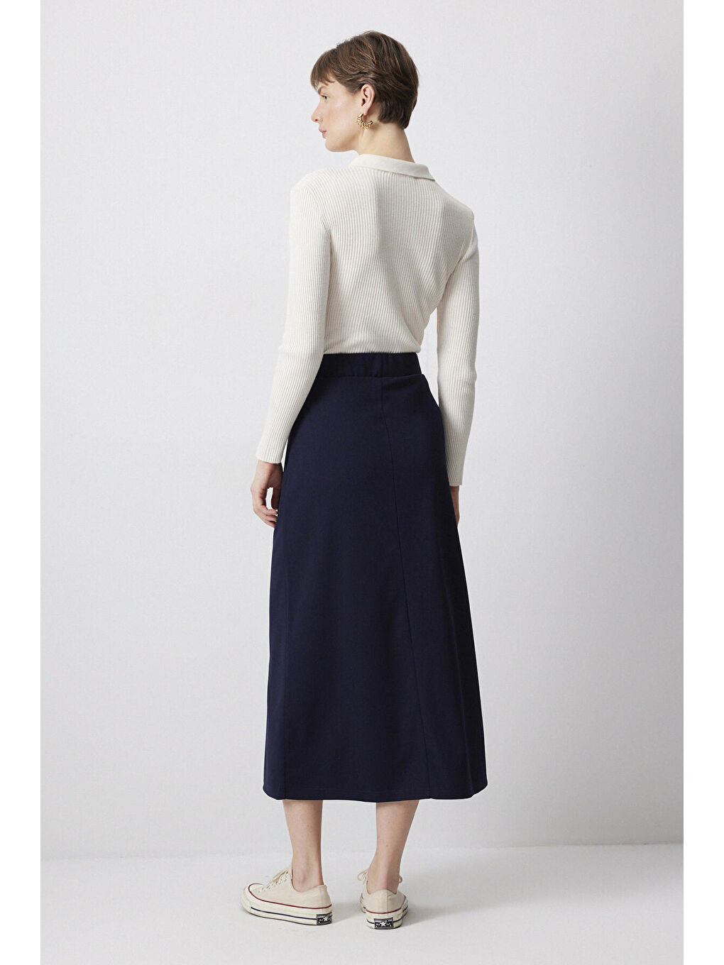 Lacivert Basic Örme Krep Etek-4